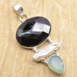 Three Gems Garnet Biwa Pearl & Chalcedony Pendant